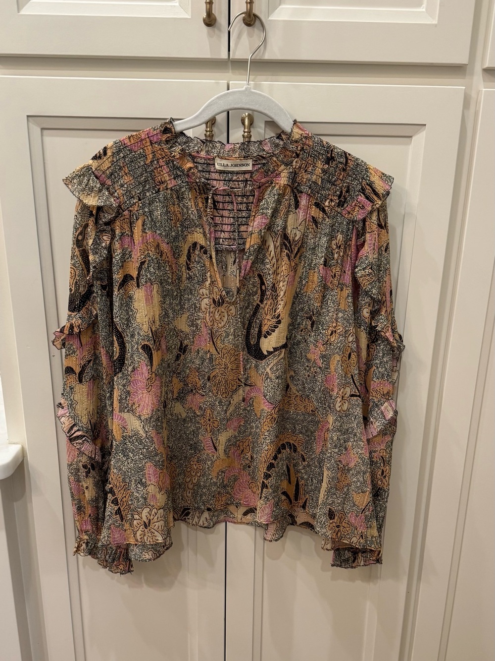 Ulla Johnson Pink, Gold & Black Paisley Smocked V- Neck Blouse. Size 6